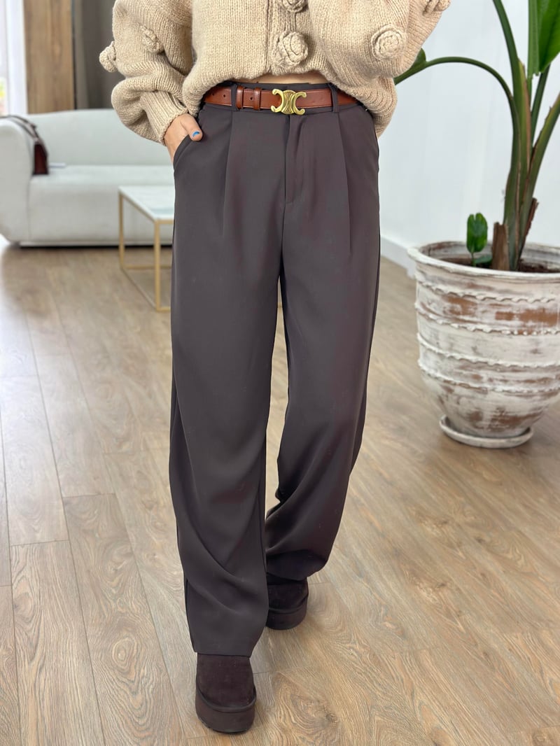 Premium Seri Tek Pile Palazzo Pantolon - Kahve