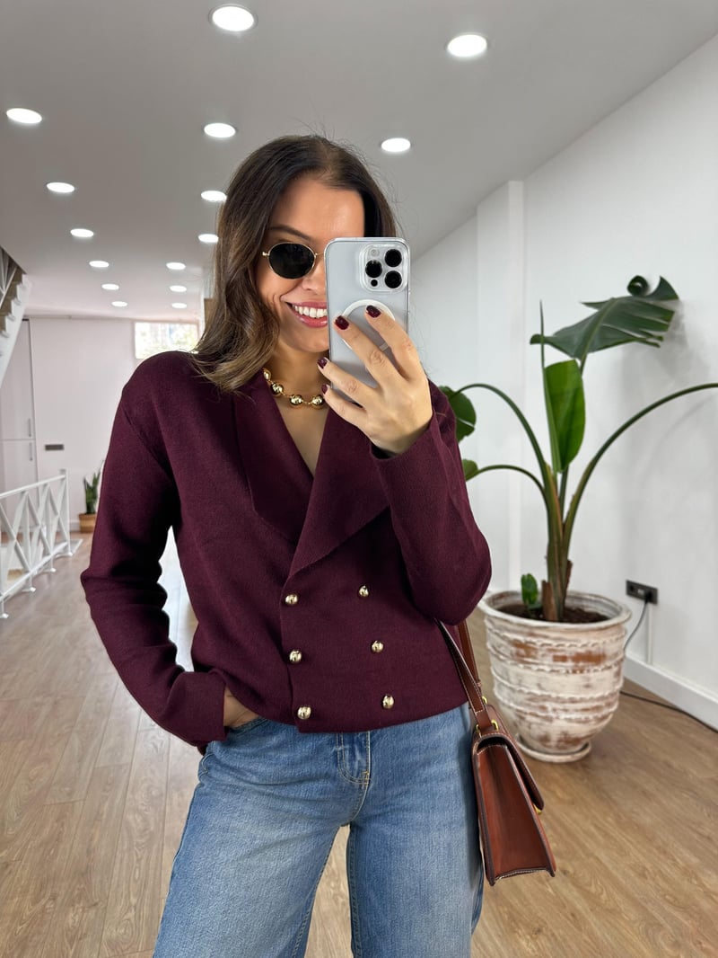 Şal Yaka Gold Düğmeli Triko Ceket - Bordo