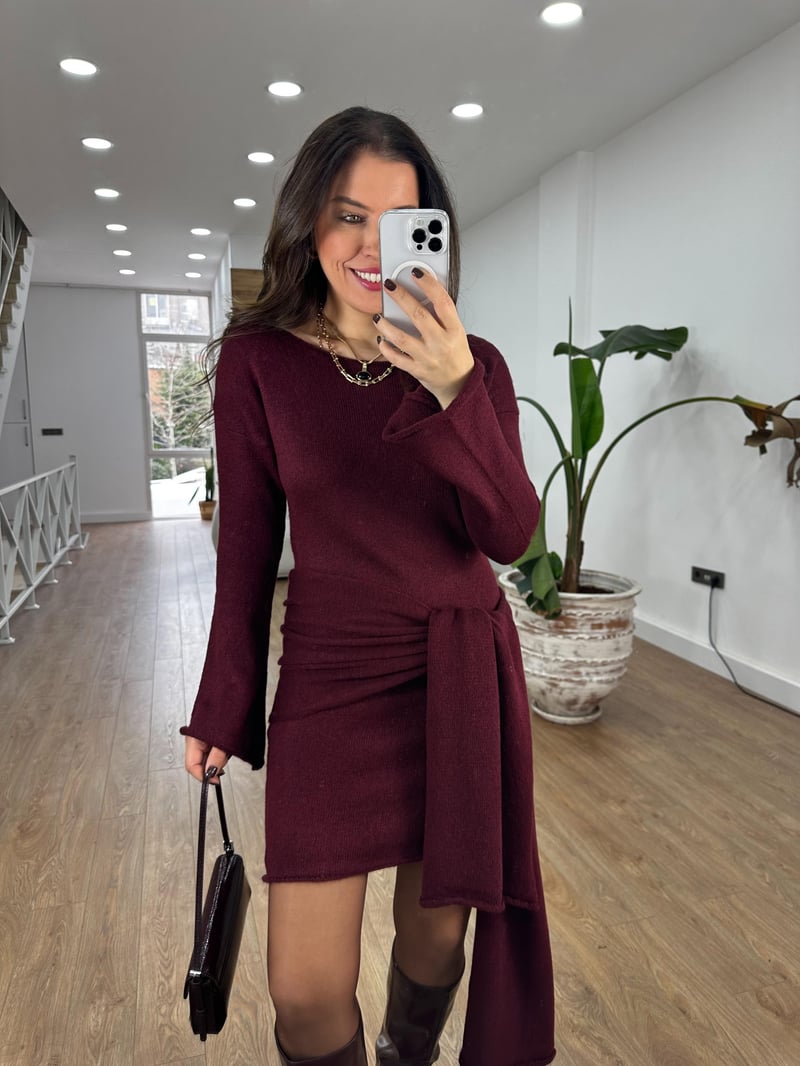 Şallı Triko Elbise - Bordo