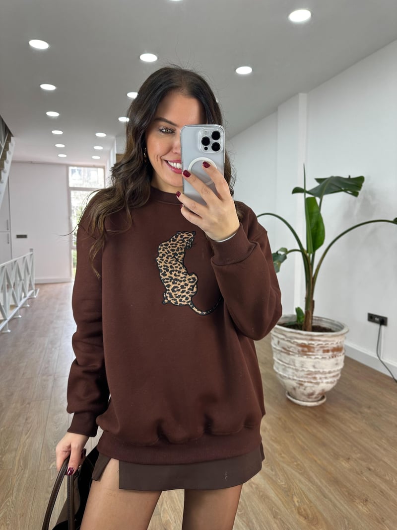 Saten Leopar Detaylı Sweatshirt - Kahverengi