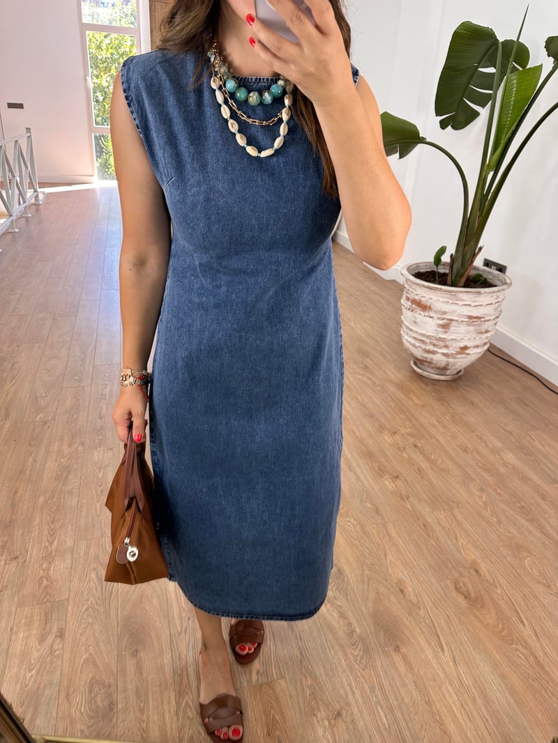 Sıfır Kol Basic Denim Elbise 