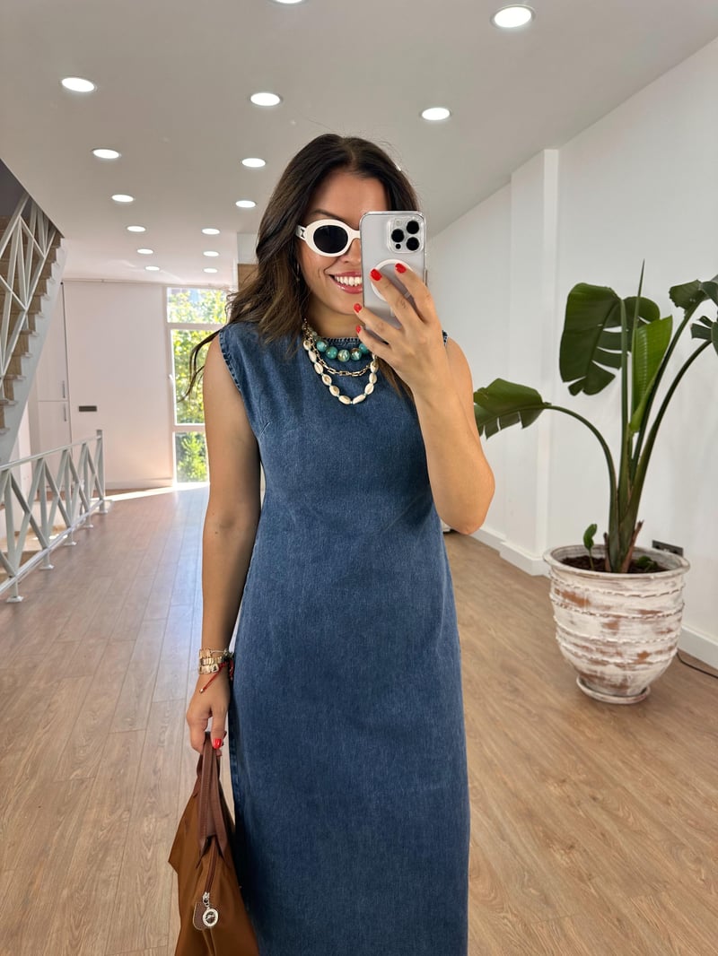 Sıfır Kol Basic Denim Elbise 