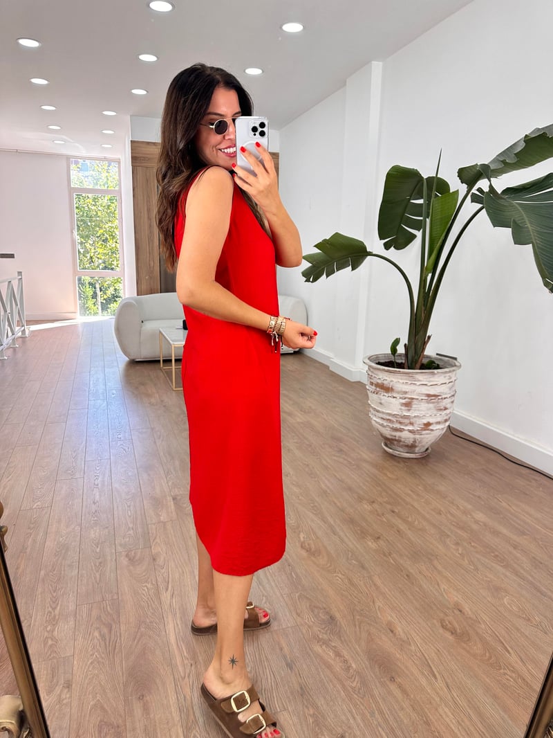 Sıfır Kol Basic Viskon Elbise - Kırmızı