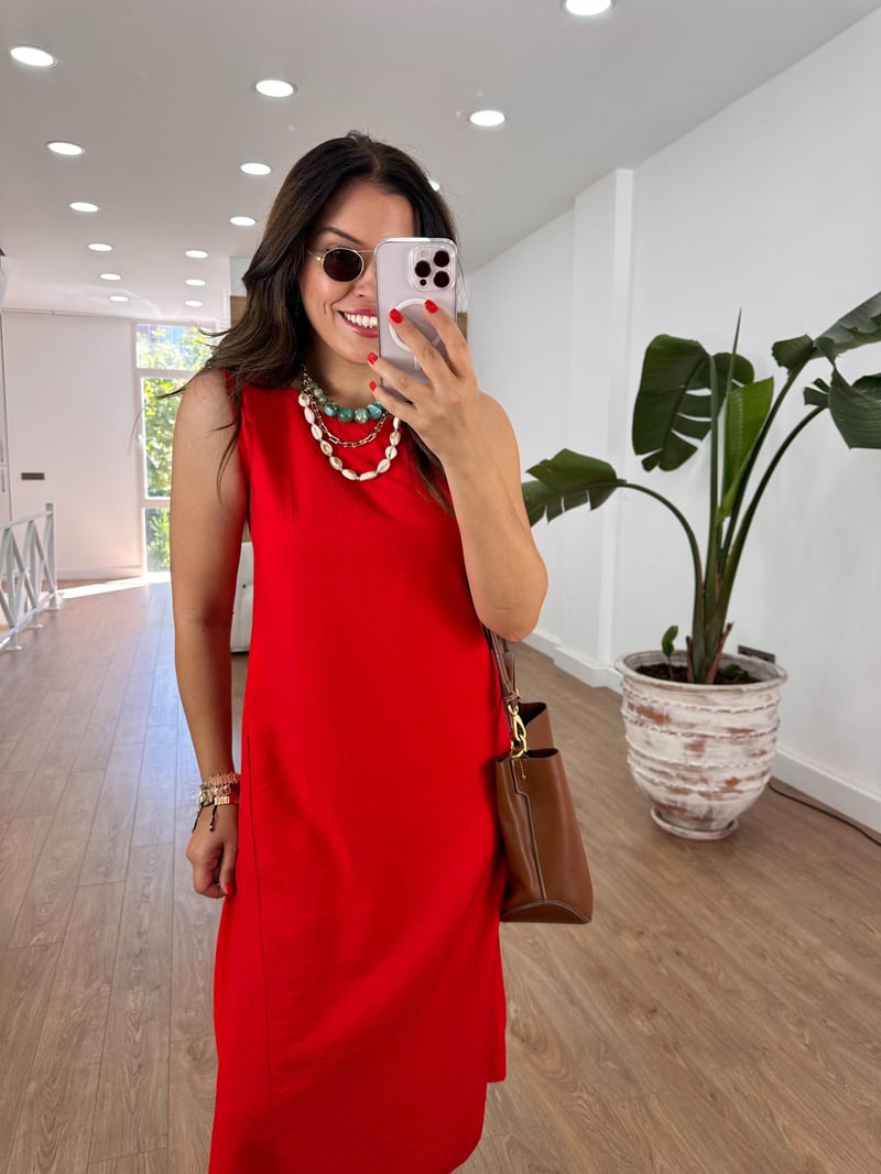 Sıfır Kol Basic Viskon Elbise - Kırmızı