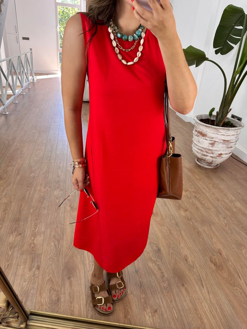 Sıfır Kol Basic Viskon Elbise - Kırmızı