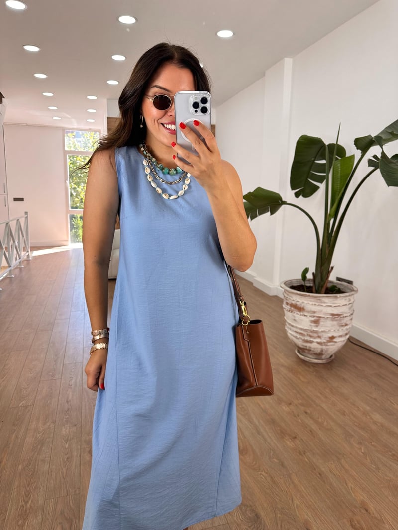 Sıfır Kol Basic Viskon Elbise - Mavi