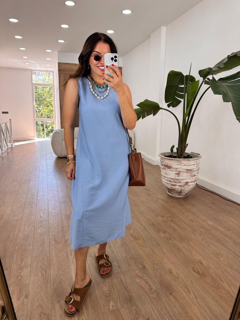 Sıfır Kol Basic Viskon Elbise - Mavi