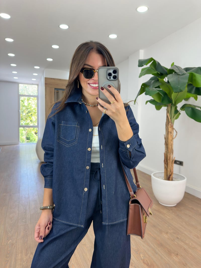 Taba Dikişli Denim Gömlek  