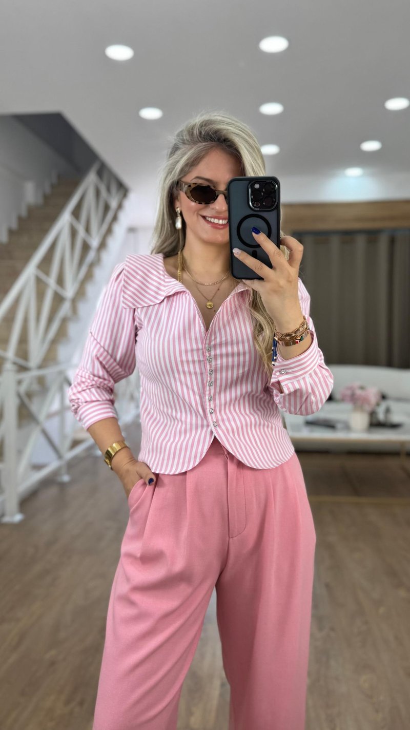 Taş Düğmeli Çizgili Gömlek-Pembe