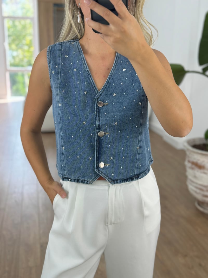 Taşlı Denim Yelek