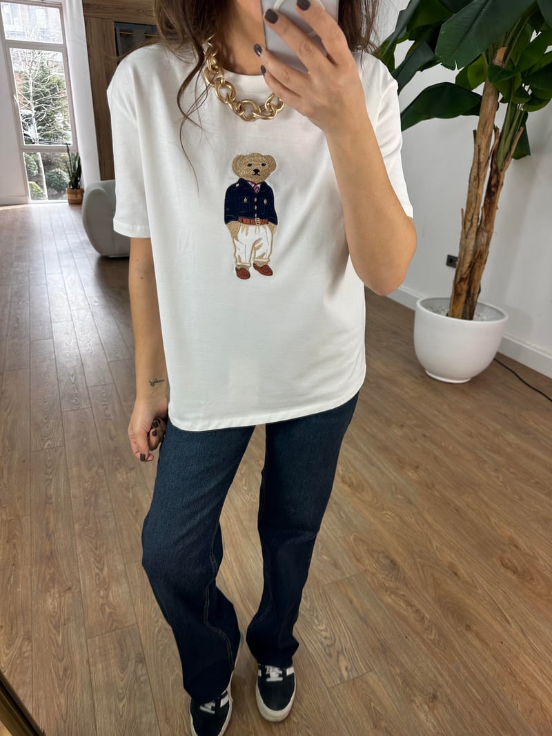 Teddy Baskılı Basic Tshirt - Beyaz