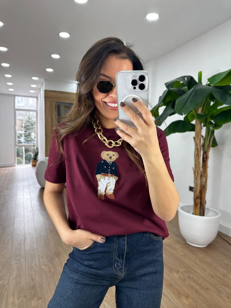 Teddy Baskılı Basic Tshirt - Bordo