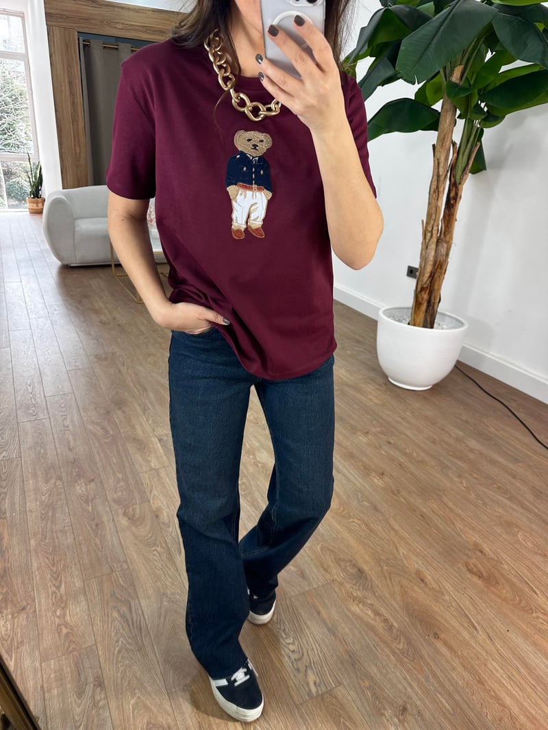 Teddy Baskılı Basic Tshirt - Bordo