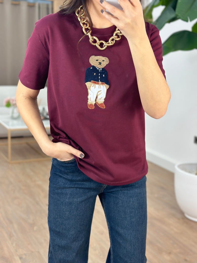 Teddy Baskılı Basic Tshirt - Bordo