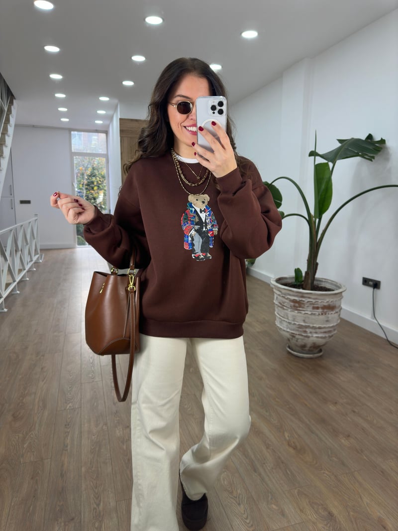 Teddy Baskılı Swetshirt - Kahverengi