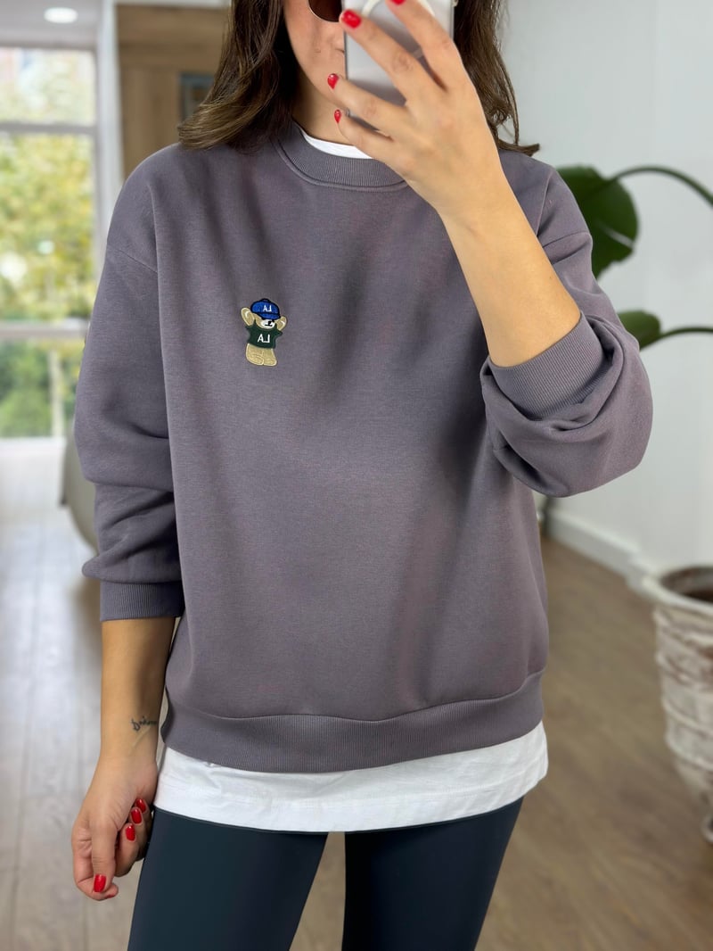 Teddy İşlemeli Şardonlu Swaetshirt - Gri