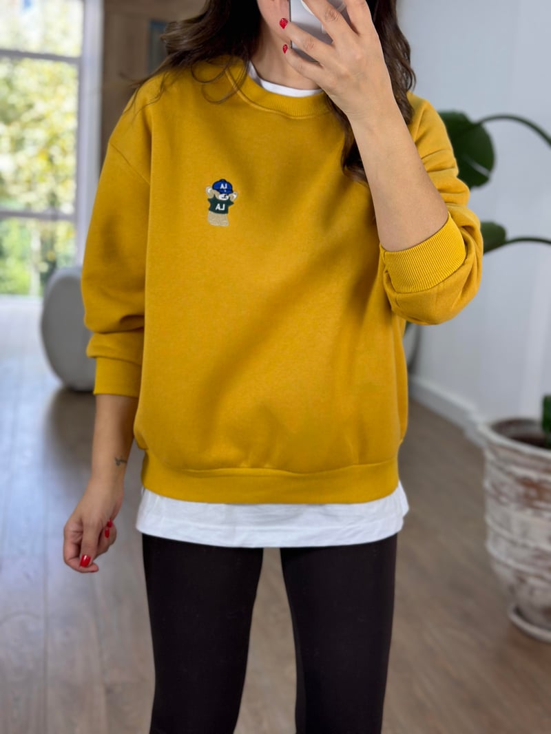 Teddy İşlemeli Şardonlu Swaetshirt - Hardal