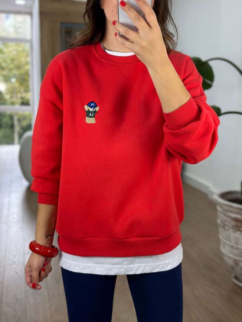 Teddy İşlemeli Şardonlu Swaetshirt - Kırmızı