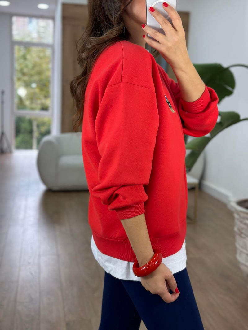 Teddy İşlemeli Şardonlu Swaetshirt - Kırmızı