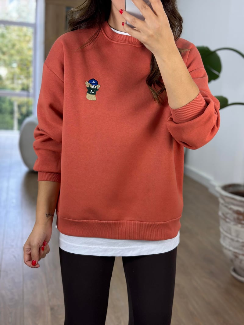 Teddy İşlemeli Şardonlu Swaetshirt - Kiremit