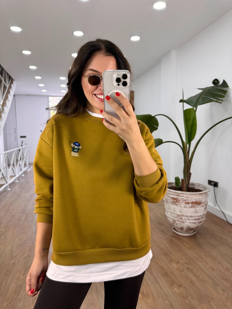Teddy İşlemeli Şardonlu Swaetshirt - Olive 