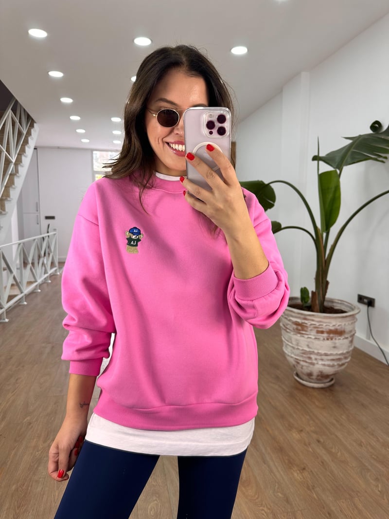 Teddy İşlemeli Şardonlu Swaetshirt - Pembe