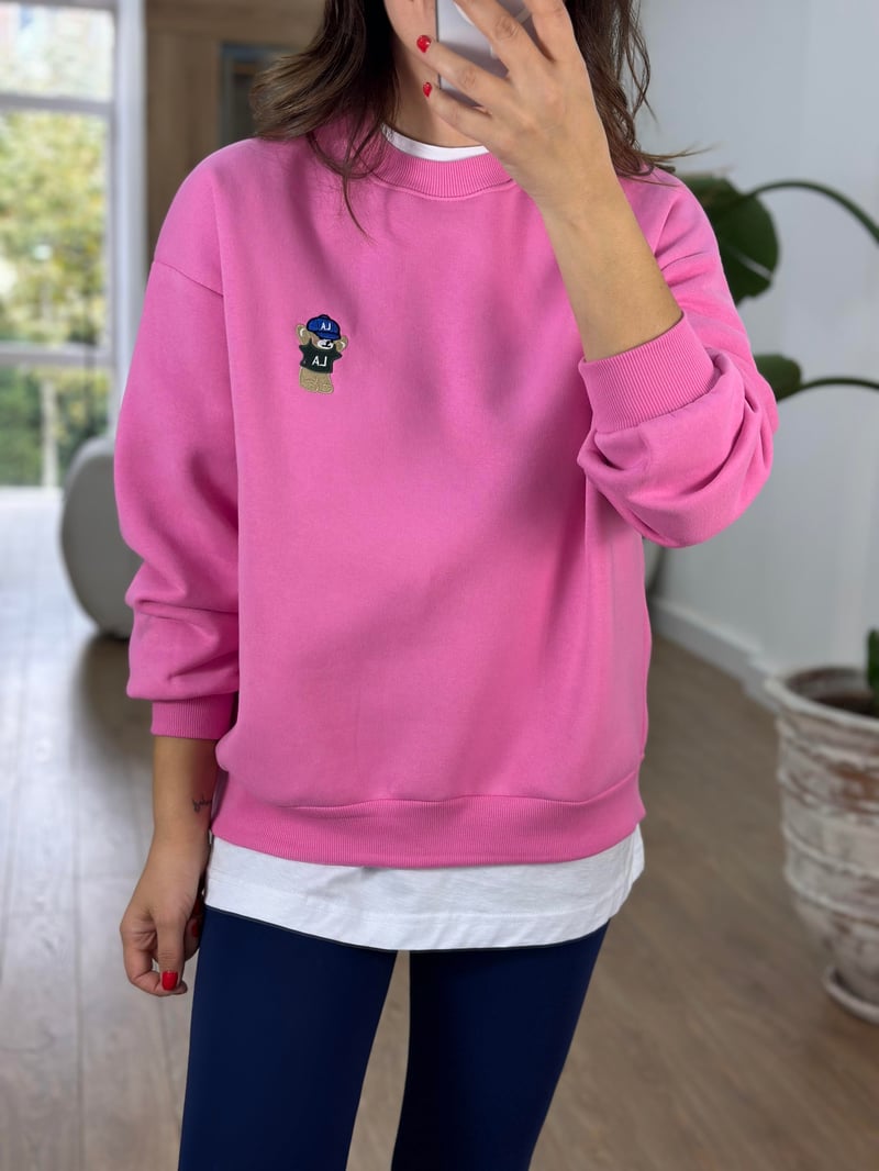 Teddy İşlemeli Şardonlu Swaetshirt - Pembe