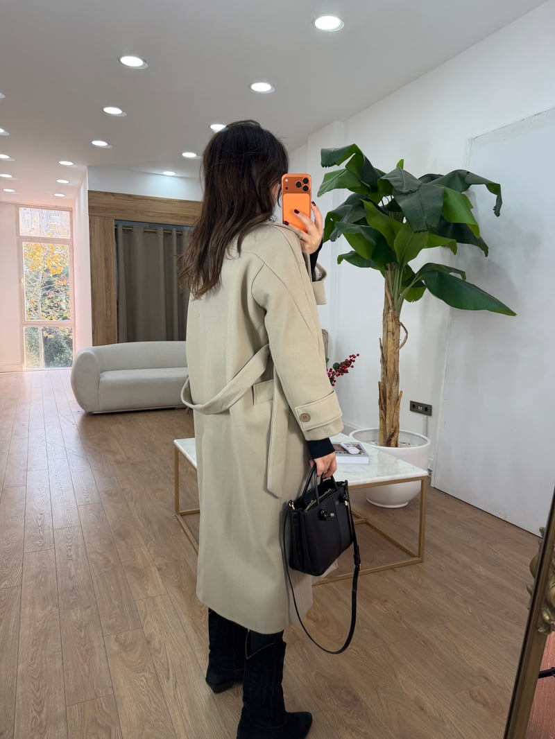 Tokyo Beli Kuşaklı Midi Kaşe Kaban - Bej 