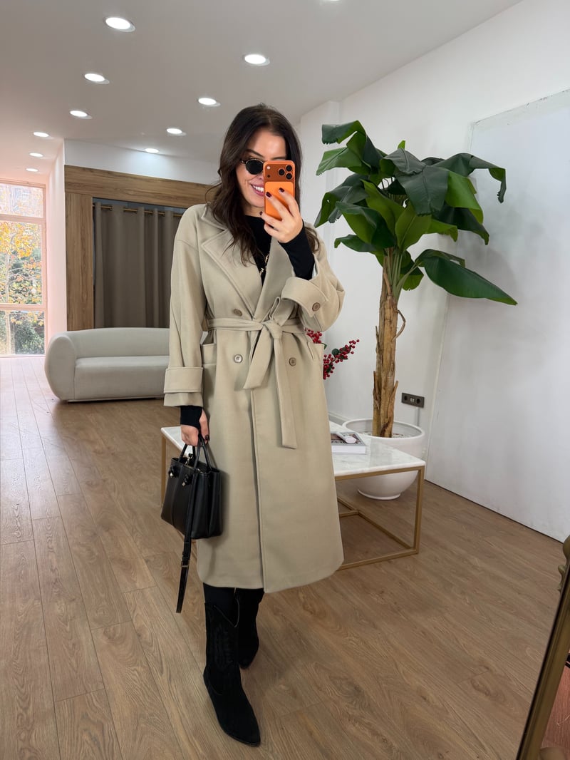 Tokyo Beli Kuşaklı Midi Kaşe Kaban - Bej 