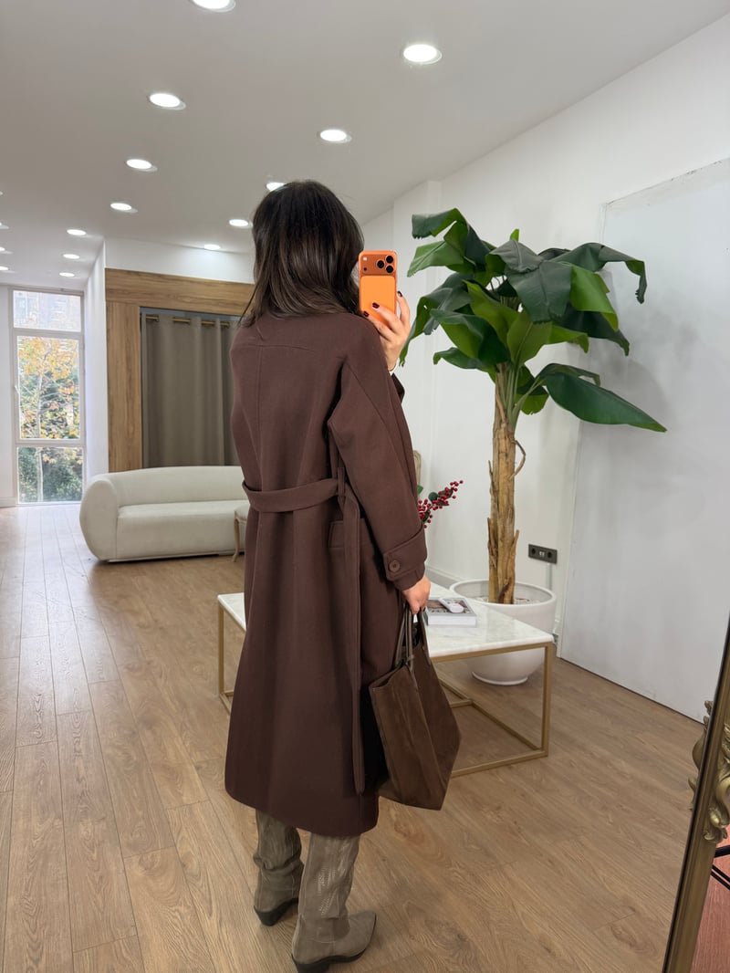 Tokyo Beli Kuşaklı Midi Kaşe Kaban - Kahverengi