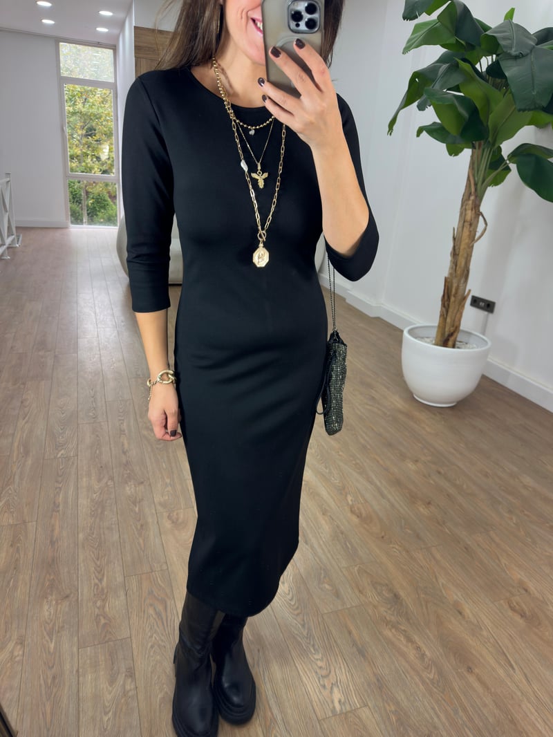 Uzun Bisiklet Yaka Viskon Basic Elbise - Siyah