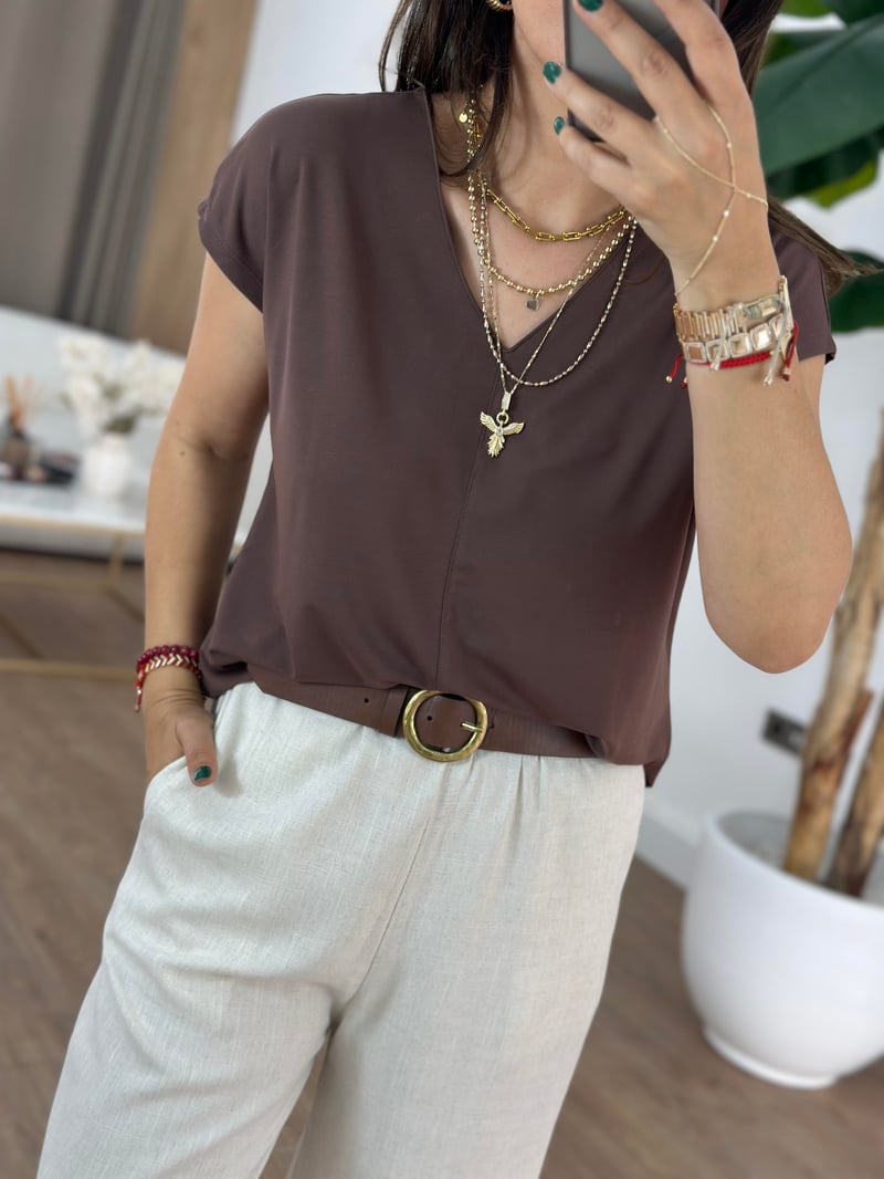 V Yaka Basic Modal Tshirt - Kahverengi