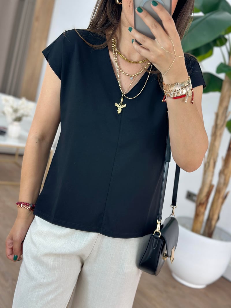 V Yaka Basic Modal Tshirt - Siyah