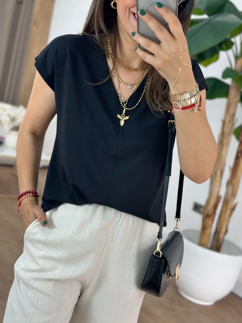 V Yaka Basic Modal Tshirt - Siyah