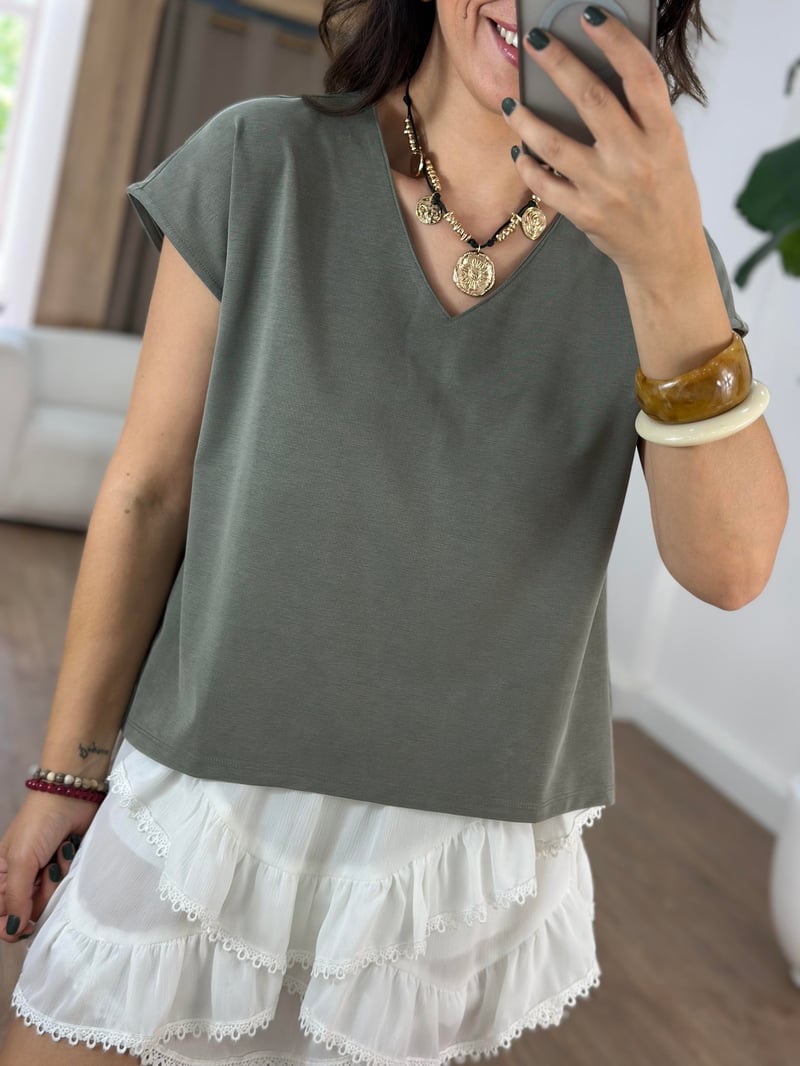 V Yaka Modal Basic Tshirt - Haki