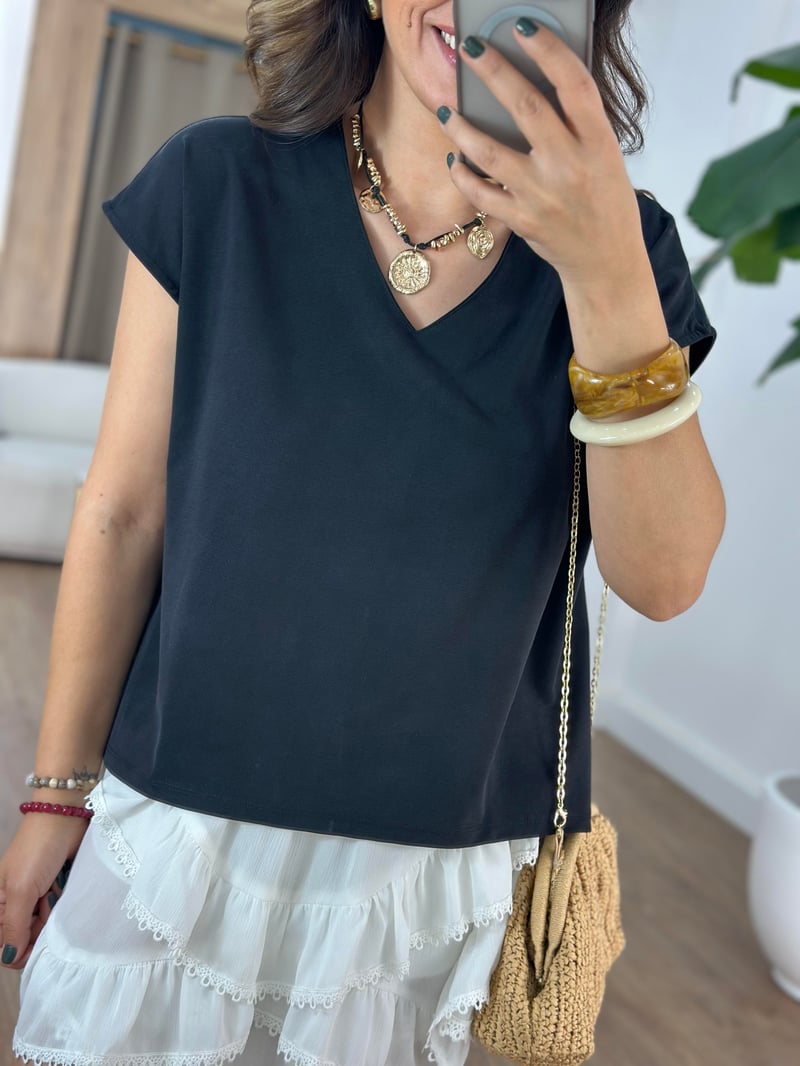 V Yaka Modal Basic Tshirt - Siyah