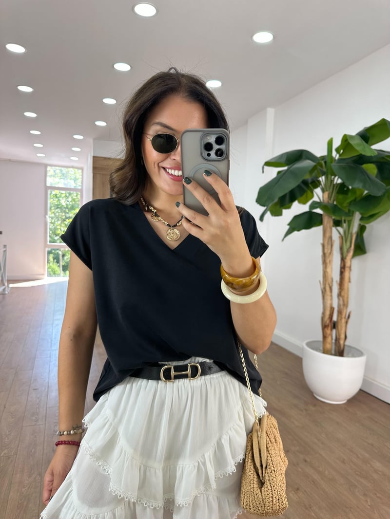 V Yaka Modal Basic Tshirt - Siyah