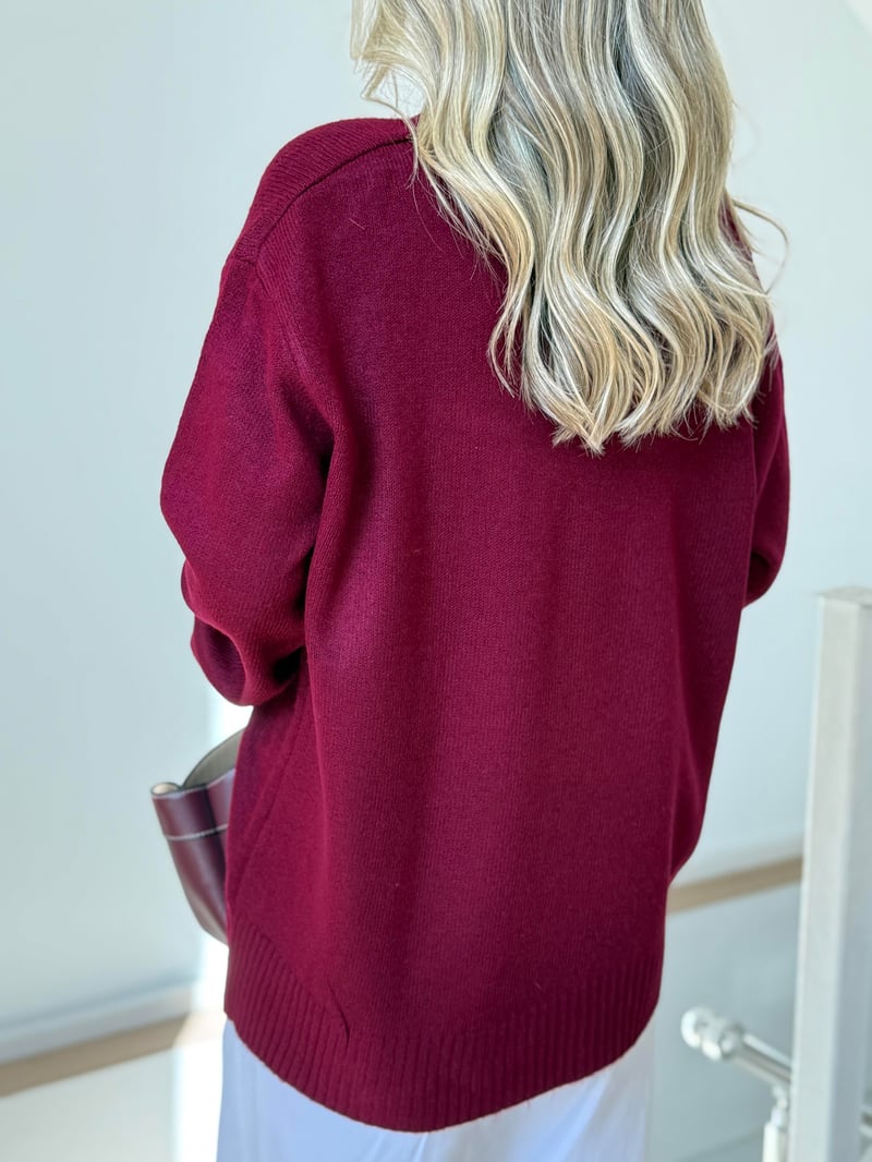 V Yaka Oversize Basic Triko - Bordo