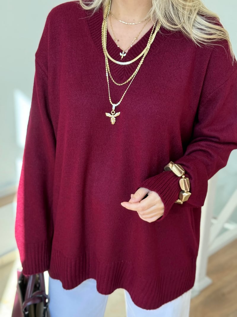 V Yaka Oversize Basic Triko - Bordo
