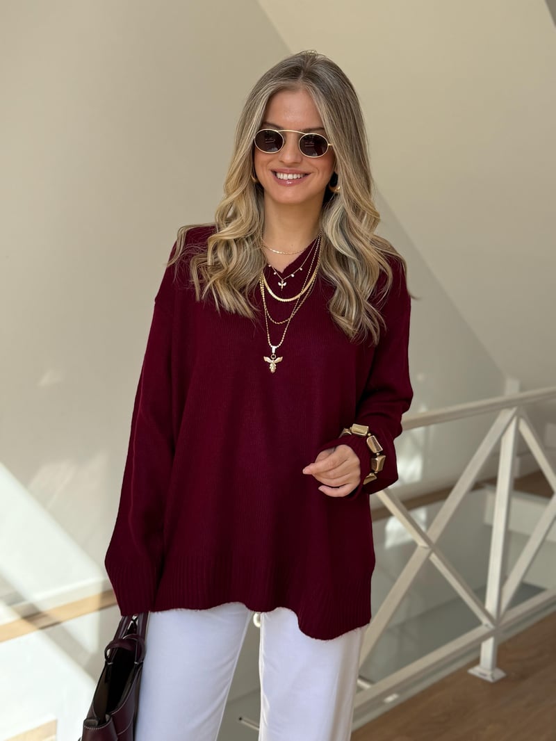 V Yaka Oversize Basic Triko - Bordo