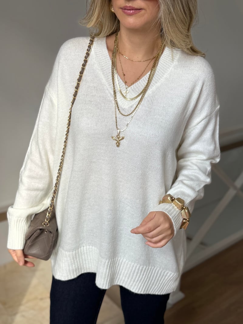 V Yaka Oversize Basic Triko - Ekru