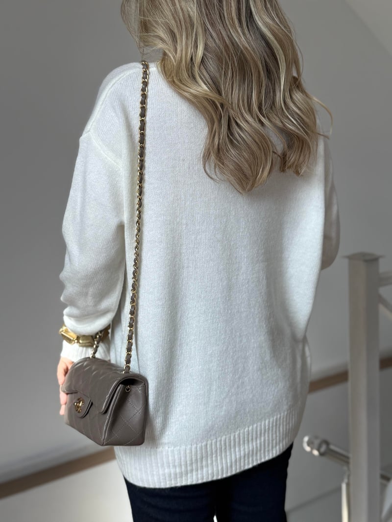 V Yaka Oversize Basic Triko - Ekru