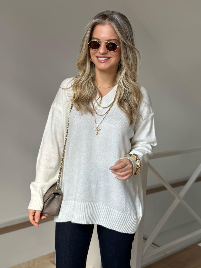 V Yaka Oversize Basic Triko - Ekru
