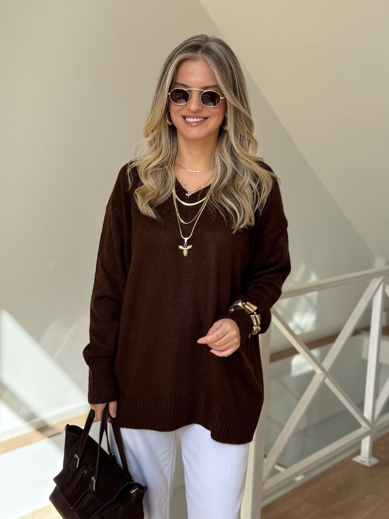 V Yaka Oversize Basic Triko - Kahverengi