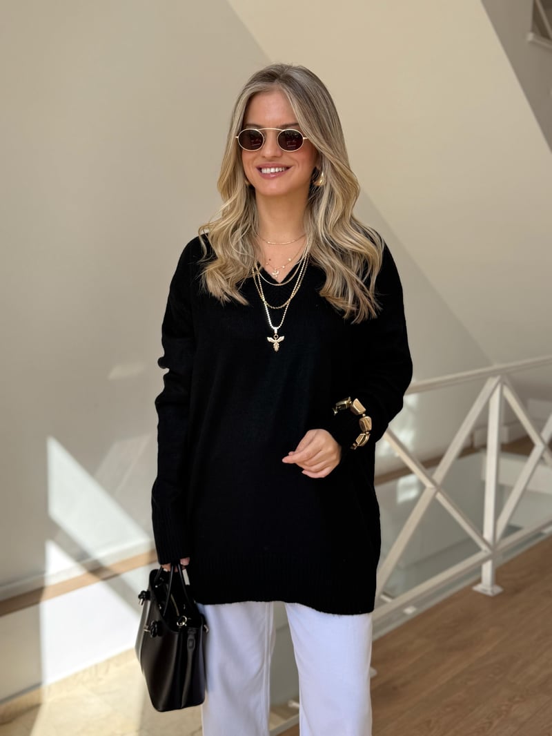 V Yaka Oversize Basic Triko - Siyah