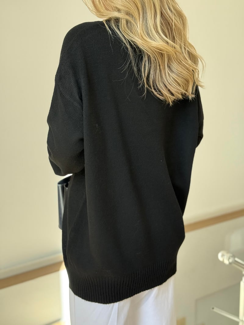 V Yaka Oversize Basic Triko - Siyah