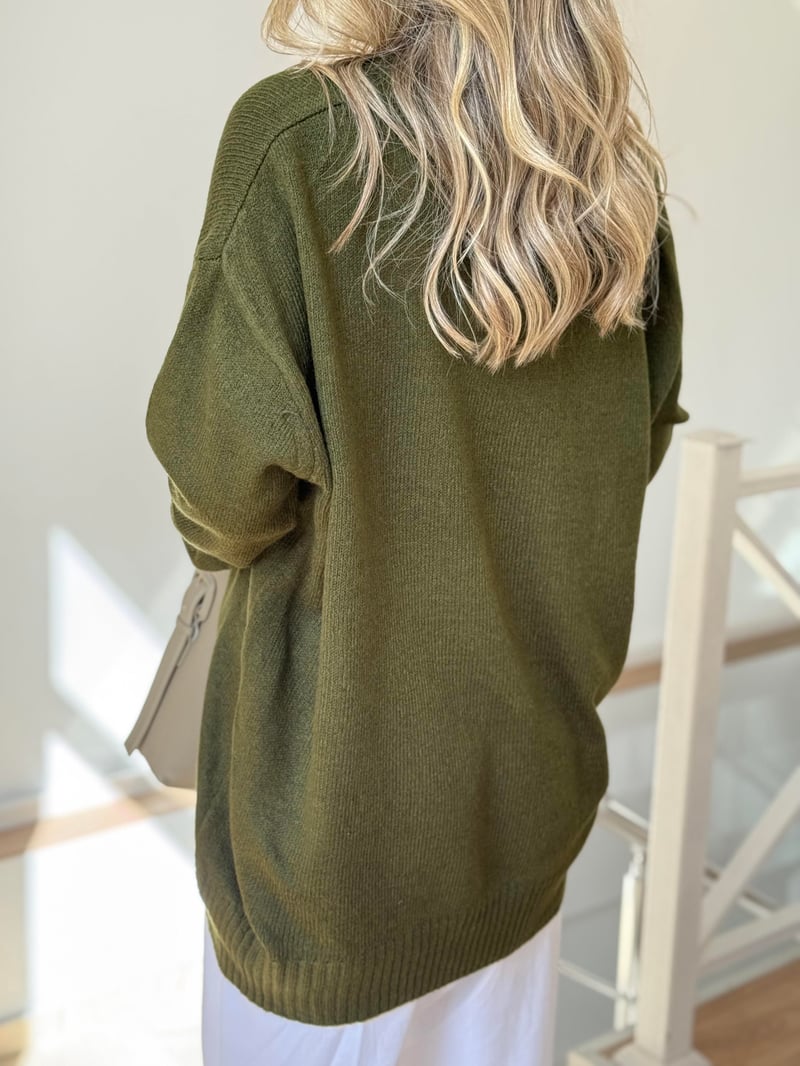 V Yaka Oversize Basic Triko - Yeşil