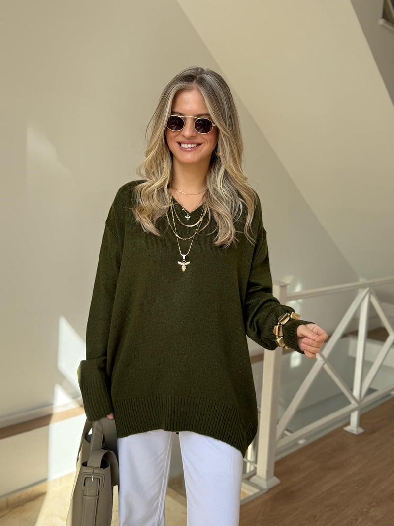 V Yaka Oversize Basic Triko - Yeşil