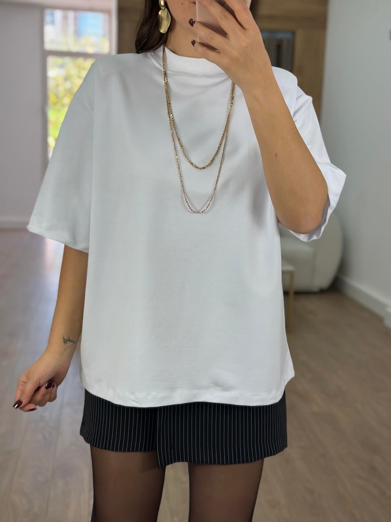 Vatkalı Tok Dokuda Oversize Bluz-Beyaz
