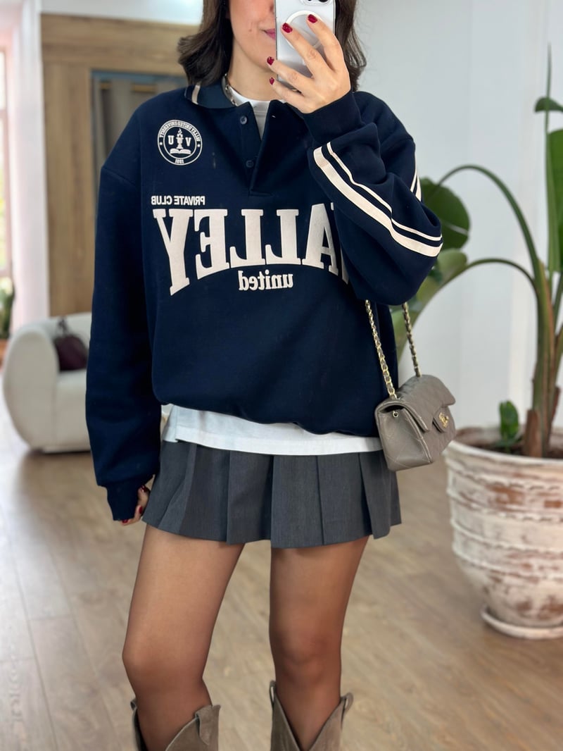 Walley Baskılı Polo Yaka Sweatshirt
